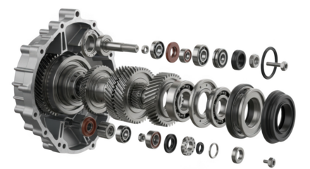 Detailed exploded view of automotive transmission gears and components for mechanical analysis transparent background