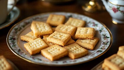 Square cookies are neatly arranged on a decorate