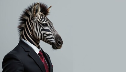 create a portrait of a zebra wearing a formal business suit, positioned to the left with ample copy space to the right
