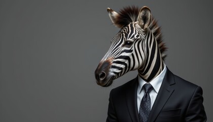 create a portrait of a zebra wearing a formal business suit, positioned to the left with ample copy space to the right