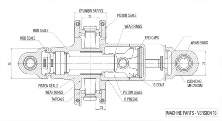 Detailed mechanical diagram of an intricate industrial machine component with fine linework transparent background