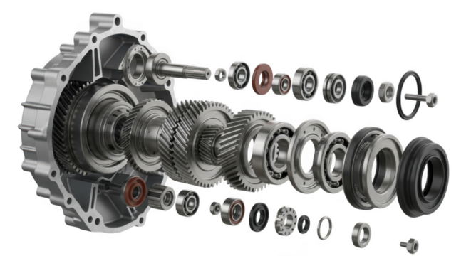 Detailed exploded view of automotive transmission gears and components for mechanical analysis transparent background