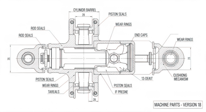 Detailed mechanical diagram of an intricate industrial machine component with fine linework transparent background