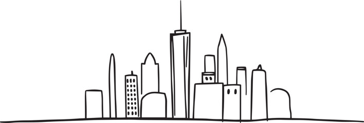 Obraz premium City landscape. Line urban backdrop. Different buildings on street, doodle street draw, outline cityscape hand sketch, flat houses. Hand drawn vector illustration 