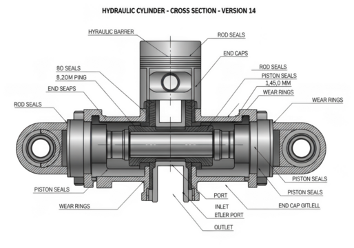 Detailed cross-sectional view of a mechanical piston and cylinder assembly transparent background