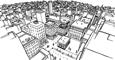 City landscape. Line urban backdrop.  Different buildings on street, doodle street draw, outline cityscape hand sketch, flat houses. Hand drawn vector illustration	
