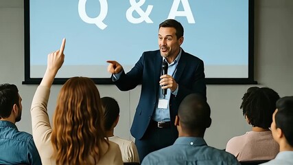 Speaker engaging with audience during Q&A session at a business conference, with a woman raising her hand to ask a question