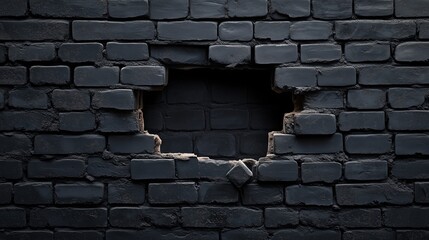 Black brick wall with a small square hole. Black hole in the middle of the earth. A wall of bricks. A dark brick wall featuring a small lifestyle square opening.