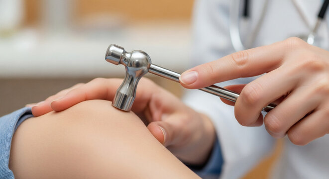 A doctor uses a reflex hammer to test a patient's knee-jerk reflex during a medical examination. - Powered by Adobe