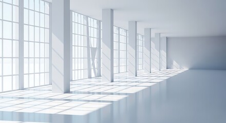 Obraz premium An expansive, sun-drenched interior space boasts large windows and polished floors, showcasing a modern architectural design.