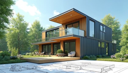 Modern container house design combines industrial engineering with nature. Illustration shows two-story modular home constructed from shipping containers, featuring wood accents, glass balconies. Set