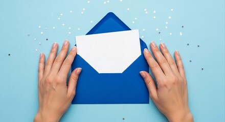 Envelope with Blank White Card Held by Hands | Top-Down View of Person Opening Letter for Invitations, Greetings, and Personal Correspondence