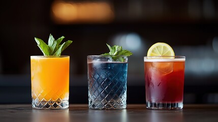 Three unique cocktails arranged left to right on upscale bar counter, orange vodka rocks glass, dark blue mint garnish and red oily lemon drink, ideal for restaurant advertising and menu design