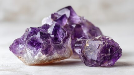 Fototapeta premium Crystal Stone macro mineral, purple rough amethyst quartz crystals on white background.