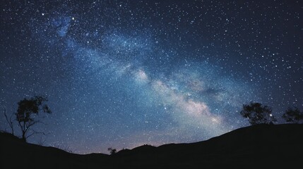 Desert Night Landscape with Bright Galaxy and Glowing Celestial Body.