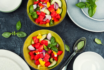 Watermelon salad with bell pepper, cucumber
