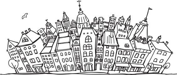 City landscape. Line urban backdrop.  Different buildings on street, doodle street draw, outline cityscape hand sketch, flat houses. Hand drawn vector illustration	