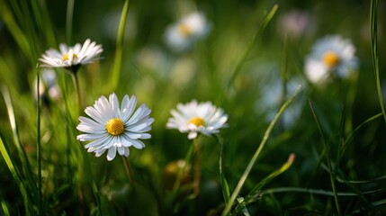 Glowing White Daisies in a Green Field.