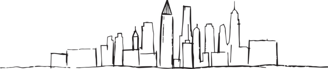 City landscape. Line urban backdrop.  Different buildings on street, doodle street draw, outline cityscape hand sketch, flat houses. Hand drawn vector illustration	
