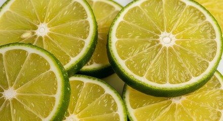 Close-up of fresh lime slices on a white background