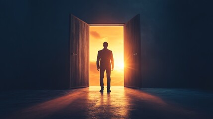 Obraz premium A person standing at an open doorway, contemplating life.