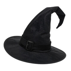 A classic black witch's hat with a wide brim and a pointed top, featuring a looped band. Perfect for Halloween designs.