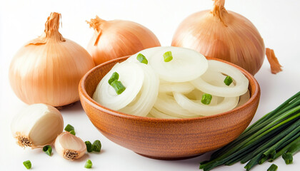Onion slices in a ceramic bowl isolated
