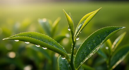Fototapeta premium Close-up of a green plant with dew drops on its leaves in a lush field with soft focus background.