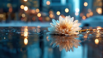 A beautiful flower floats on a reflective urban water surface, surrounded by vibrant city lights, symbolizing beauty amidst the hustle and bustle of life.