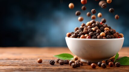 A dynamic image of assorted spices gracefully falling into a pristine white bowl, evoking flavors and aromas of culinary delights that enhance cooking and food experiences.