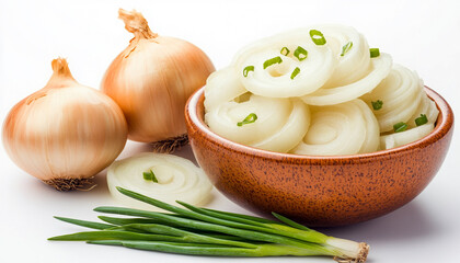 Onion slices in a ceramic bowl isolated