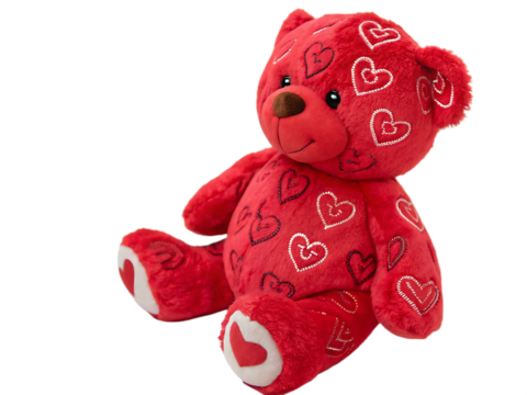 Red Teddy Bear with White and Black Heart Embroidery Sitting on a Transparent Background hearts white hearts isolated on a transparent background