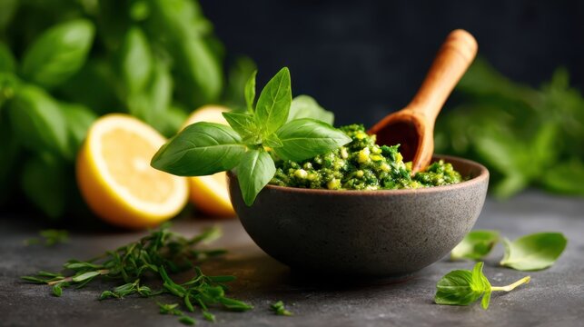 A delightful bowl of fresh basil pesto is artfully arranged, showcasing vibrant colors and textures, making it perfect for culinary enthusiasts and healthy eating advocates.