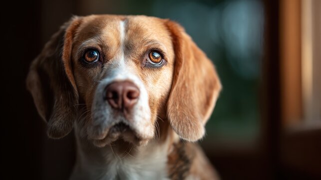 A beautiful beagle with soulful eyes captured in soft light, embodying loyalty and affection, with a gentle expression that resonates with dog lovers and pet enthusiasts alike.