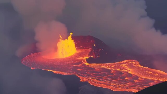 Volcano mountain eruption with hot lava natural disaster