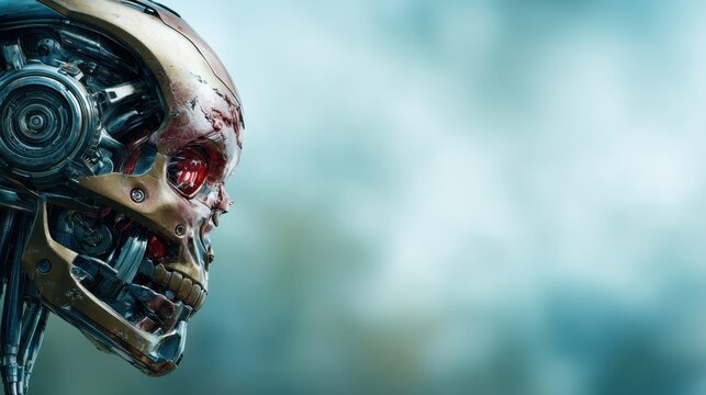 A close-up of a futuristic robot's skull, showcasing intricately designed metallic features and glowing red eyes, evoking feelings of mystery and advanced technology. - Powered by Adobe