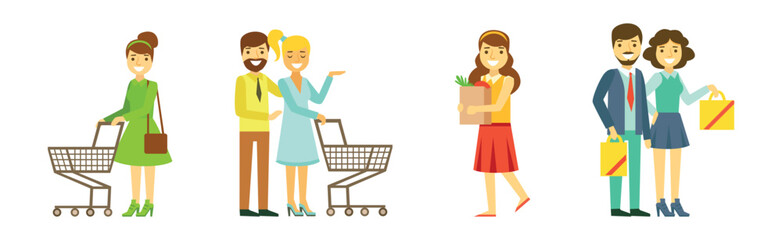 Man and Woman at Supermarket and Grocery Store Shopping Vector Set