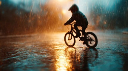 A dynamic silhouette of a child cycling through a rainy urban scene, capturing the essence of playfulness and adventure against a backdrop of vibrant reflections.