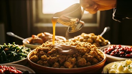 Close Up Of Hand Pouring Gravy Over Thanksgiving Feast Dishes With Warm Lighting