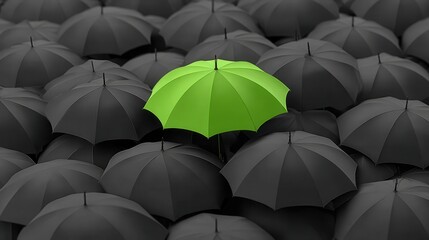 Green umbrella stand out from the crowd of many black umbrellas - being different concept.