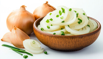 Onion slices in a ceramic bowl isolated