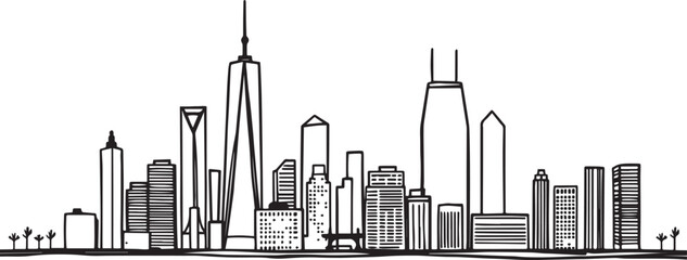 Obraz premium City landscape. Line urban backdrop. Different buildings on street, doodle street draw, outline cityscape hand sketch, flat houses. Hand drawn vector illustration