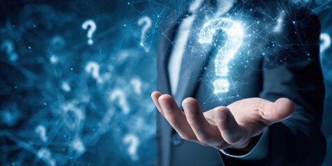 The Question Mark Hologram Floating Above a Businessman's Open Hand Symbolizing Uncertainty and Innovation