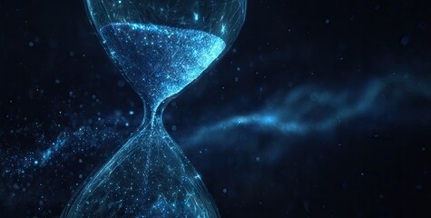 A digitally rendered hourglass, showcasing flowing time and particles, in a deep blue backdrop.