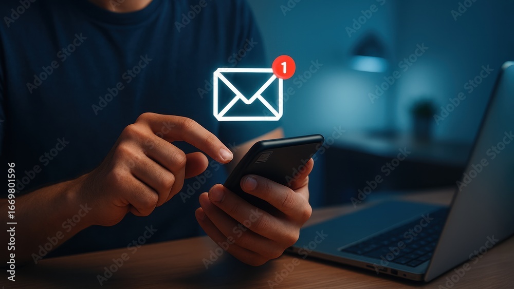 Wall mural man sit at desk focused on smartphone with floating envelope icon new message alert in modern worksp