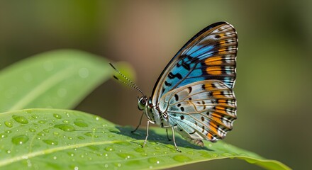 Obraz premium Close-up of a colorful butterfly perched on a wet green leaf with a blurred natural background