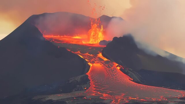 Volcano mountain eruption with hot lava natural disaster