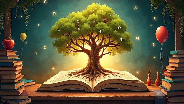 Tree of knowledge illustration with roots forming books, branches filled with glowing light bulbs, symbol of wisdom, creativity, and Teacher&rsquo;s Day inspiration.