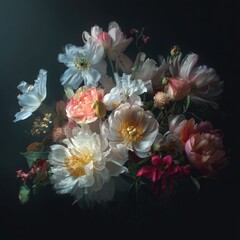 Floral bouquet, soft pastel colors, dark background