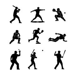 Baseball player detailed silhouettes sports set in lots of different poses